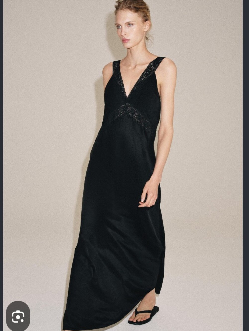 Zara Black V-Neck Lace-Trim Satin Slip Maxi